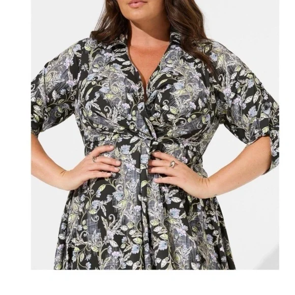 Torrid Black Floral Midi Dress fit & flare wrap size 1X white chartreuse v-neck - Picture 15 of 16